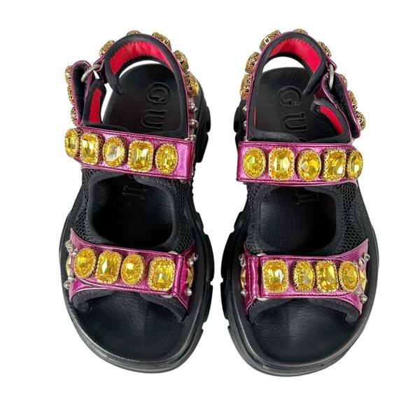GUCCI Nappa Mesh Technical Canvas Calfskin Aguru Trek Crystal Chunky Sandals - Picture 2 of 9